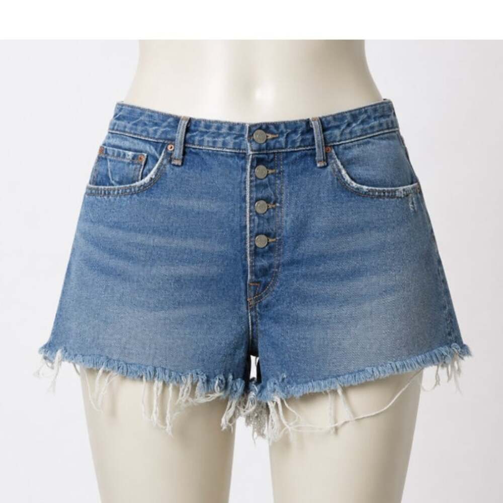 GRLFRND Cindy Button Fly High Rise Medium Blue Wash CutOff Jean Short Raw Hem 32